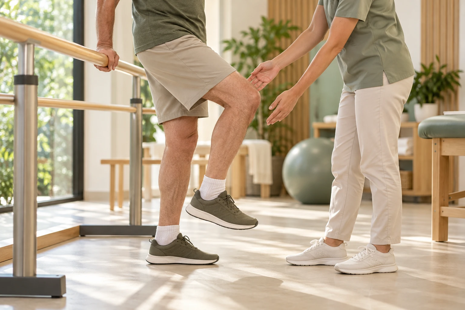 Physiothérapeute accompagnant un patient dans le cadre d’une prise en charge personnalisée après une révision de prothèse du genou