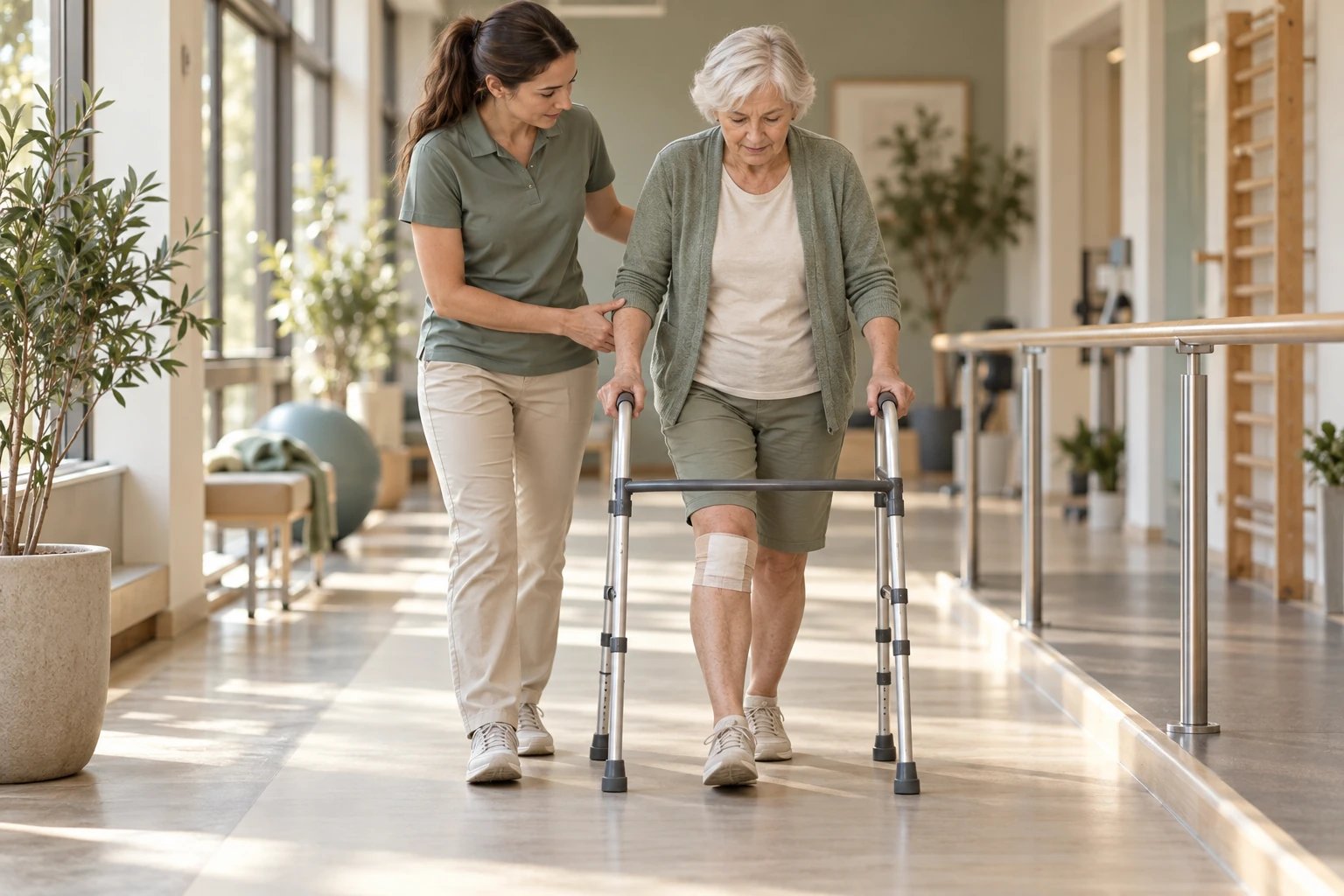 Première marche accompagnée après une révision de prothèse du genou