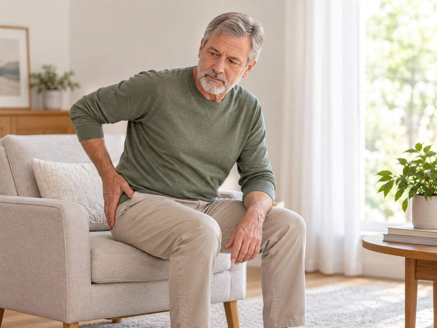Rupture des tendons fessiers : homme ressentant une gêne sur le côté de la hanche en position assise.