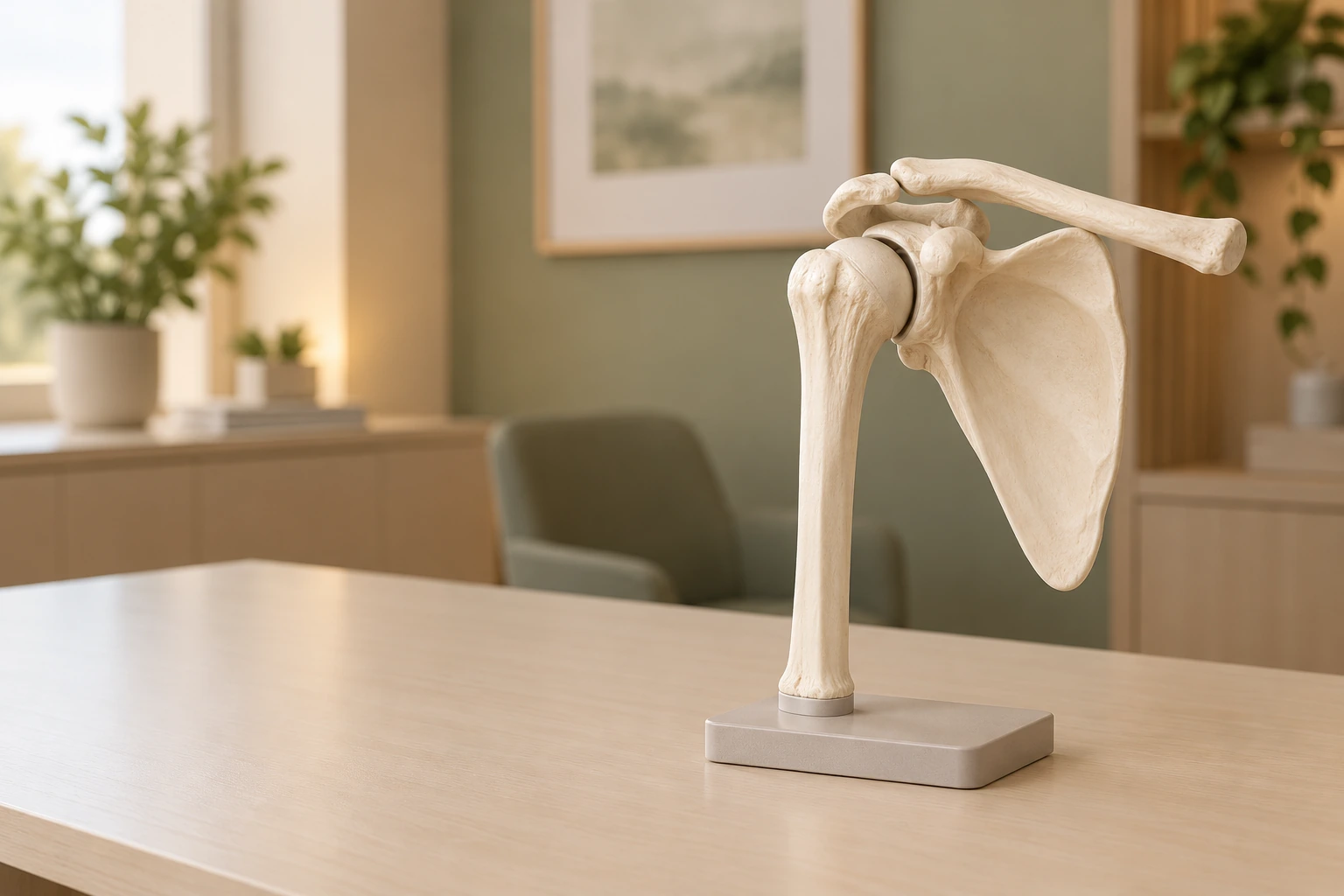 Modèle anatomique en squelette d’une épaule intacte, posé sur un bureau clair.