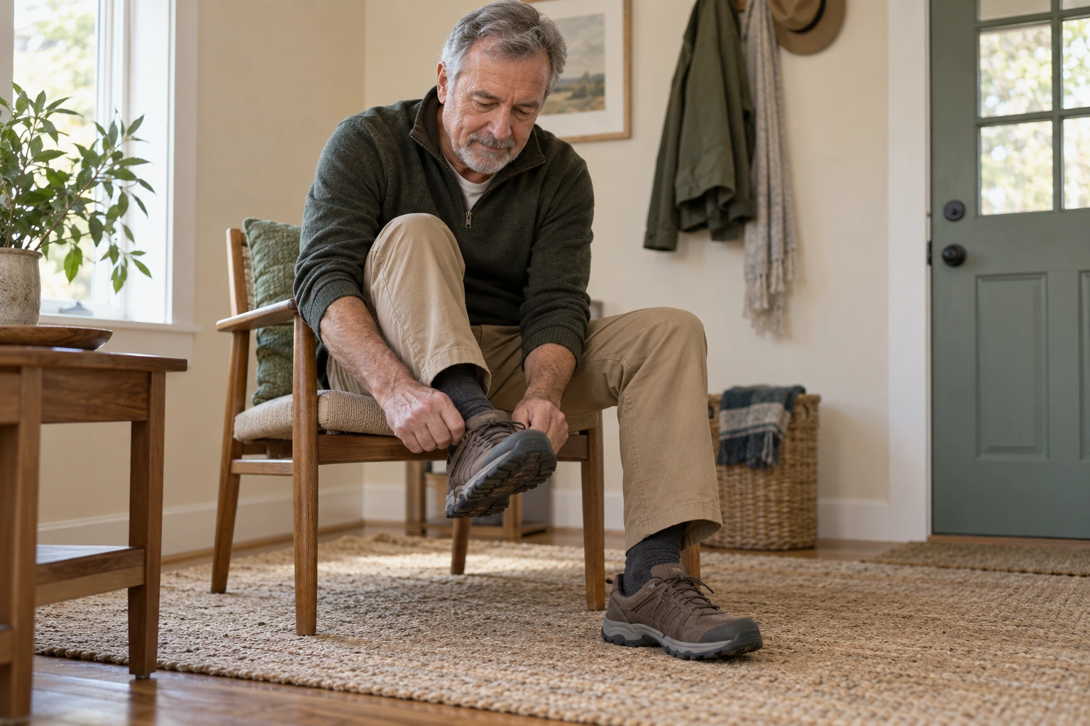 Stabilisation de la rotule : patient se préparant à sortir en chaussant ses chaussures.