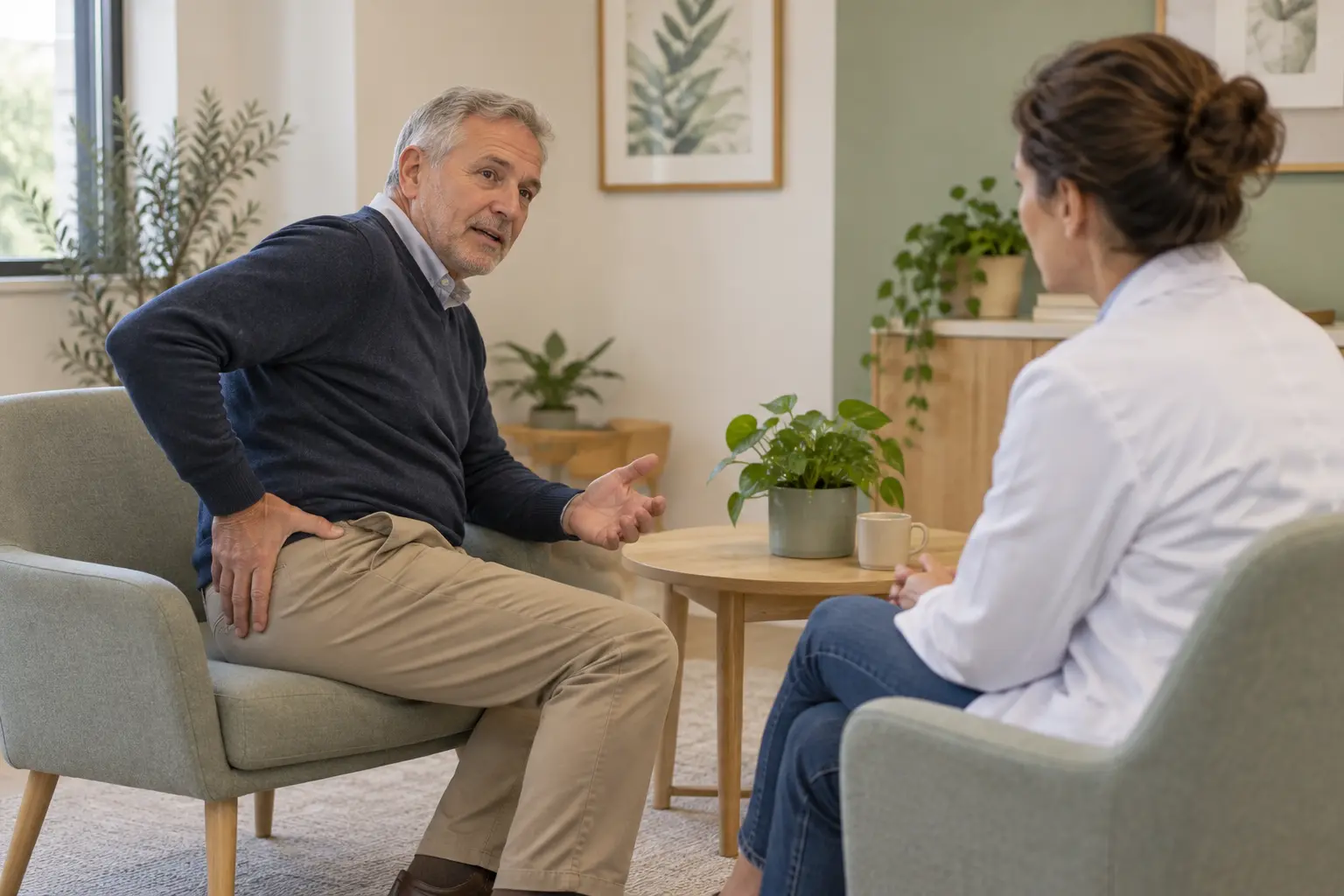 Homme décrivant une douleur de hanche et de la région fessière liée au syndrome du piriforme