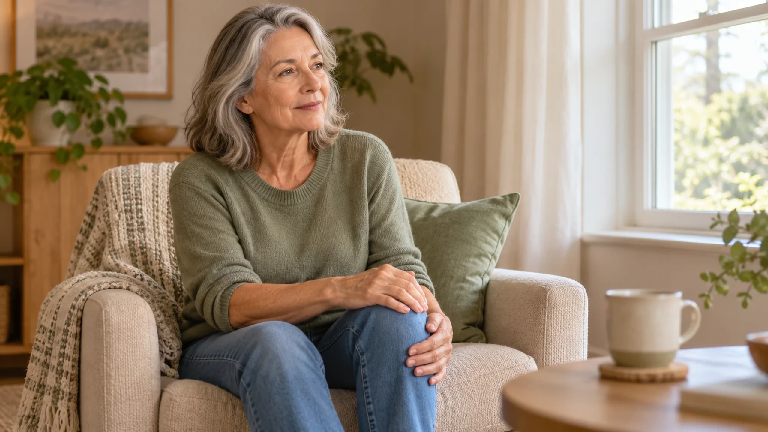 Femme assise chez elle, posant la main sur son genou.